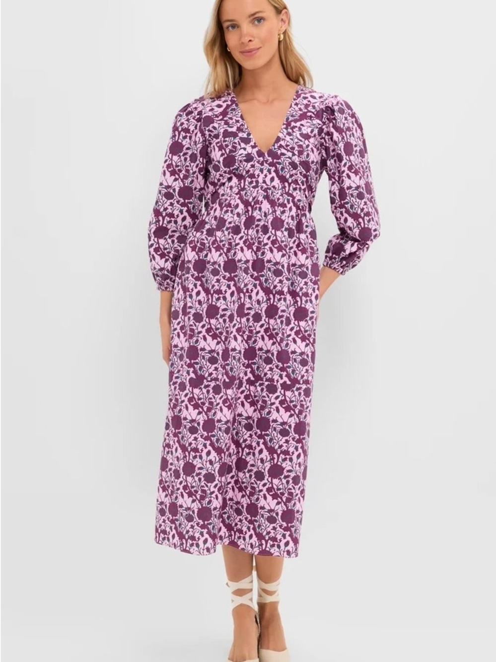 Tuckernuck Purple and Light Pink Floral V-Neck Midi Dress